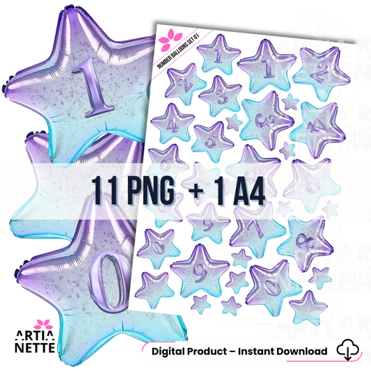 11 Clipartów PNG Number Balloons Set 01. Balony w kształcie gwiazd z cyframi (od 0 do 9) w holograficznym fioletowo-niebieskim kolorze. Idealne do zaproszeń urodzinowych.