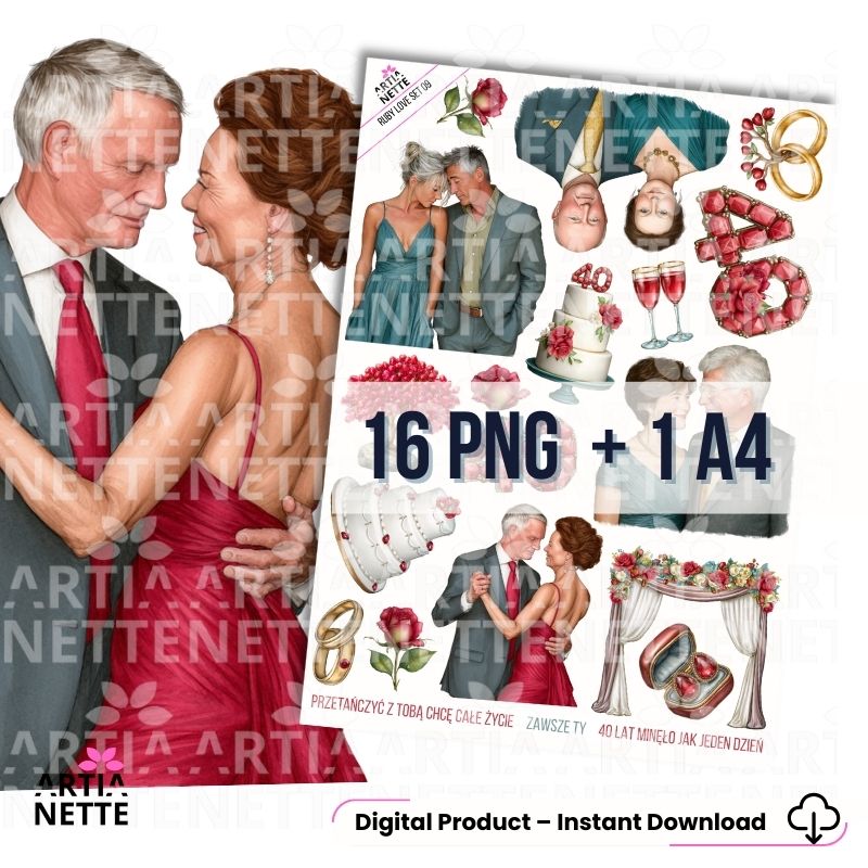 Grafiki na rocznicę ślubu – 40 lat razem. Zestaw zawiera 16 grafik PNG oraz arkusz A4 do kartek jubileuszowych, scrapbookingu i projektów DIY.