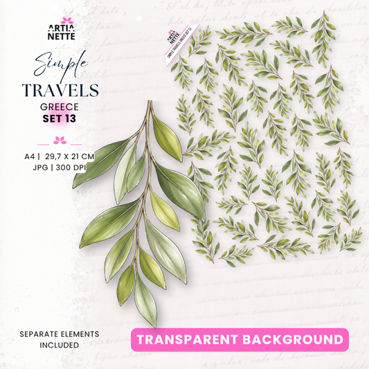 Zielone liście i gałązki do druku – botaniczne grafiki Simple Travels Greece Set 13 do wycinania i tworzenia kompozycji