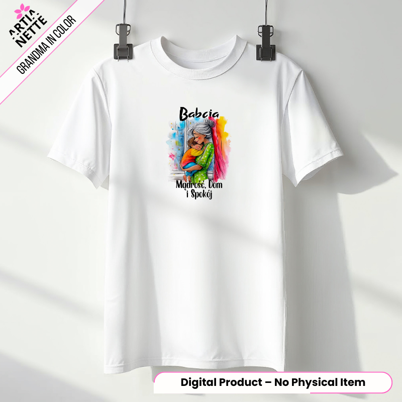 Wzruszająca ilustracja babci przytulającej wnuka oraz zestaw napisów w formie 10 plików PNG (wersja normalna i lustrzana) z setu Grandma in Color 01. Grafiki akwarelowe w jakości 300 DPI z hasłami dedykowanymi babciom, idealne do scrapbookingu, cardmakingu i transferów na prezenty.