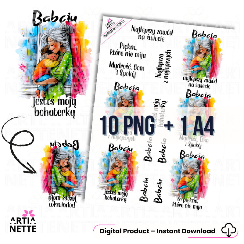 Wzruszająca ilustracja babci przytulającej wnuka oraz zestaw napisów w formie 10 plików PNG (wersja normalna i lustrzana) z setu Grandma in Color 01. Grafiki akwarelowe w jakości 300 DPI z hasłami dedykowanymi babciom, idealne do scrapbookingu, cardmakingu i transferów na prezenty.