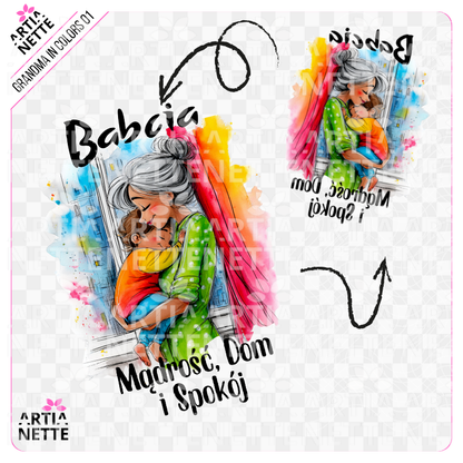 Wzruszająca ilustracja babci przytulającej wnuka oraz zestaw napisów w formie 10 plików PNG (wersja normalna i lustrzana) z setu Grandma in Color 01. Grafiki akwarelowe w jakości 300 DPI z hasłami dedykowanymi babciom, idealne do scrapbookingu, cardmakingu i transferów na prezenty.