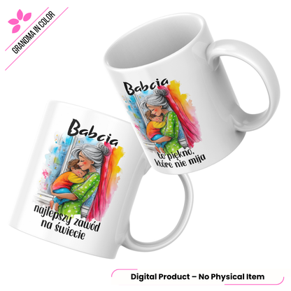 Wzruszająca ilustracja babci przytulającej wnuka oraz zestaw napisów w formie 10 plików PNG (wersja normalna i lustrzana) z setu Grandma in Color 01. Grafiki akwarelowe w jakości 300 DPI z hasłami dedykowanymi babciom, idealne do scrapbookingu, cardmakingu i transferów na prezenty.