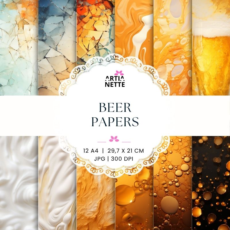 Beer Papers – 12 cyfrowych papierów A4 JPG 300 DPI z abstrakcyjnymi teksturami w odcieniach złota, bursztynu, miodu, kremu i brązu