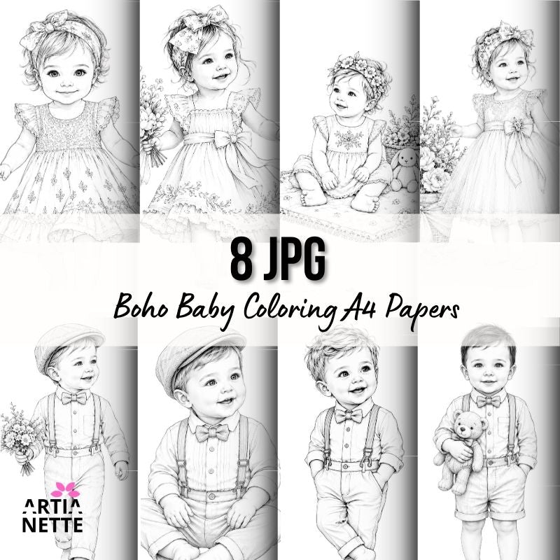 Kolorowanki Boho Baby A4 do druku z dziewczynkami i chłopcami w stylu boho