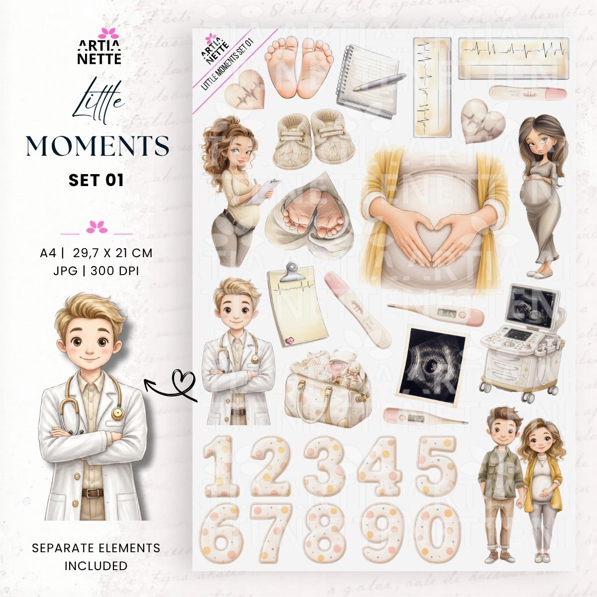 Grafiki ciąża i oczekiwanie na dziecko do scrapbookingu – Little Moments Set 01 | 28 klipartów PNG i arkusz A4