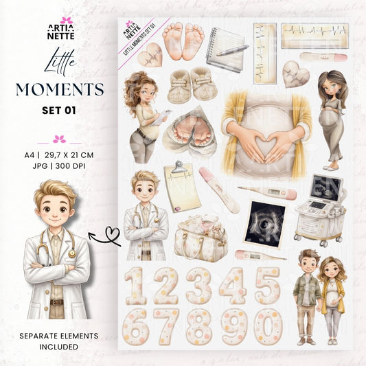 Grafiki ciąża i oczekiwanie na dziecko do scrapbookingu – Little Moments Set 01 | 28 klipartów PNG i arkusz A4