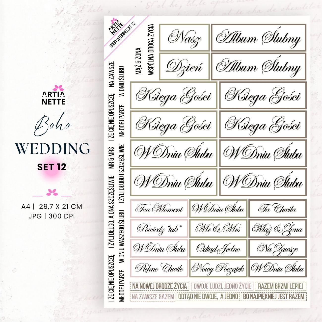 Napisy PL ślubne boho do druku – arkusz A4 – Boho Wedding Set 12 | elementy do wycinania PNG