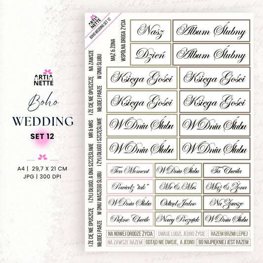 Napisy PL ślubne boho do druku – arkusz A4 – Boho Wedding Set 12 | elementy do wycinania PNG