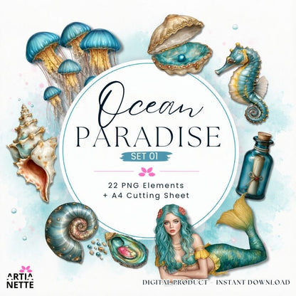 Morskie Grafiki Fantasy do scrapbookingu – Ocean Paradise Set 01 | 22 kliparty PNG i arkusz A4