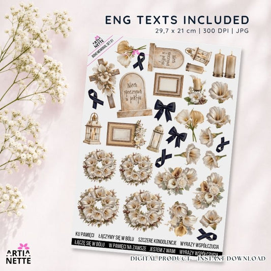 Grafiki pamięci, wspomnień i kondolencji do scrapbookingu – Boho Memorial Set 01 | kliparty PNG i arkusz A4