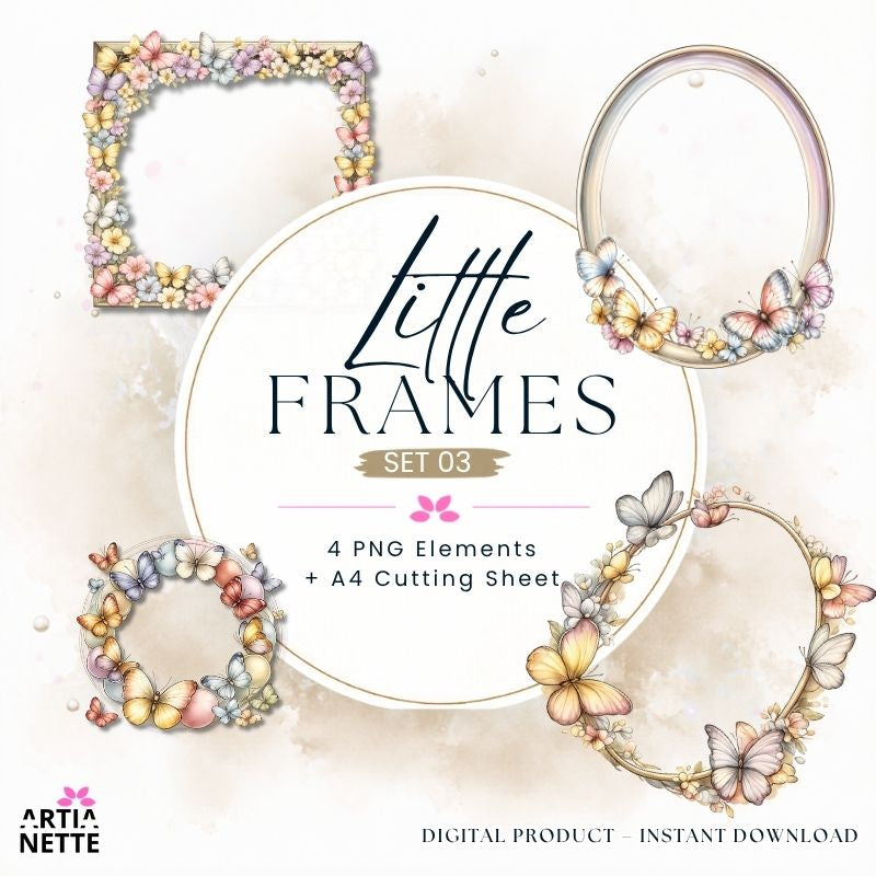 Pastelowe ramki kwiatowe i motyle PNG – Little Frames Set 03 | 4 ramki PNG i arkusz A4