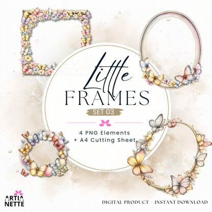 Pastelowe ramki kwiatowe i motyle PNG – Little Frames Set 03 | 4 ramki PNG i arkusz A4