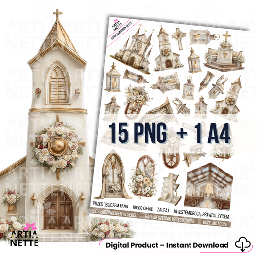 Boho Communion SET 05 – grafiki PNG z motywem kościoła i wnętrza sakralnego, 15 elementów i arkusz A4 na przezroczystym tle