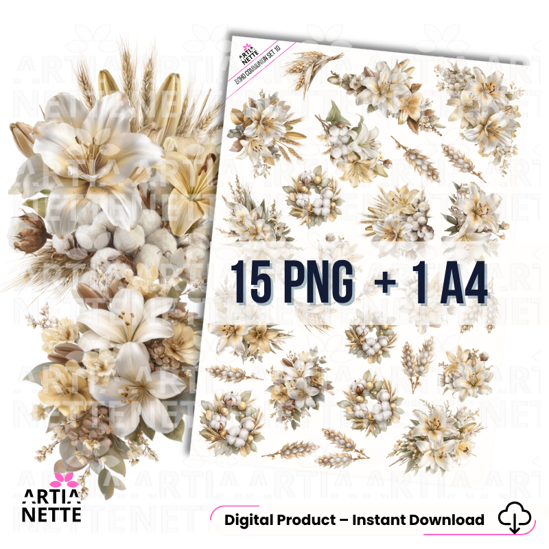Boho Communion SET 10 – kwiatowe grafiki PNG w stylu boho, lilie, bawełna i kłosy zbóż, 15 elementów i arkusz A4