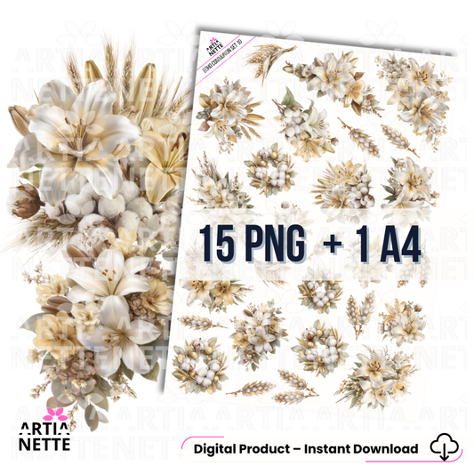 Boho Communion SET 10 – kwiatowe grafiki PNG w stylu boho, lilie, bawełna i kłosy zbóż, 15 elementów i arkusz A4
