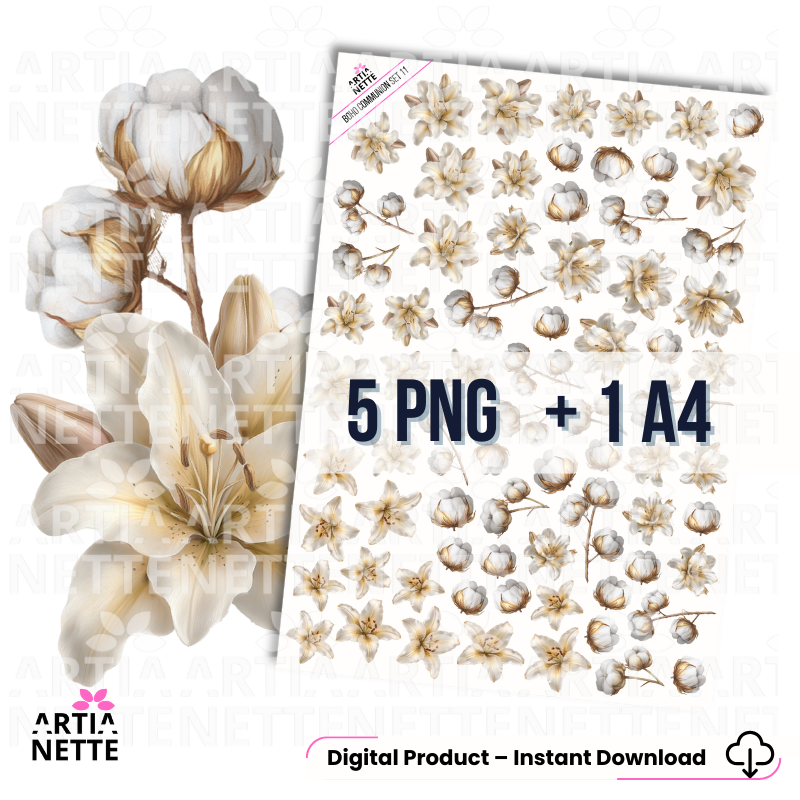 Boho Communion SET 11 – grafiki PNG z liliami i bawełną w stylu boho, 5 elementów i arkusz A4 na przezroczystym tle
