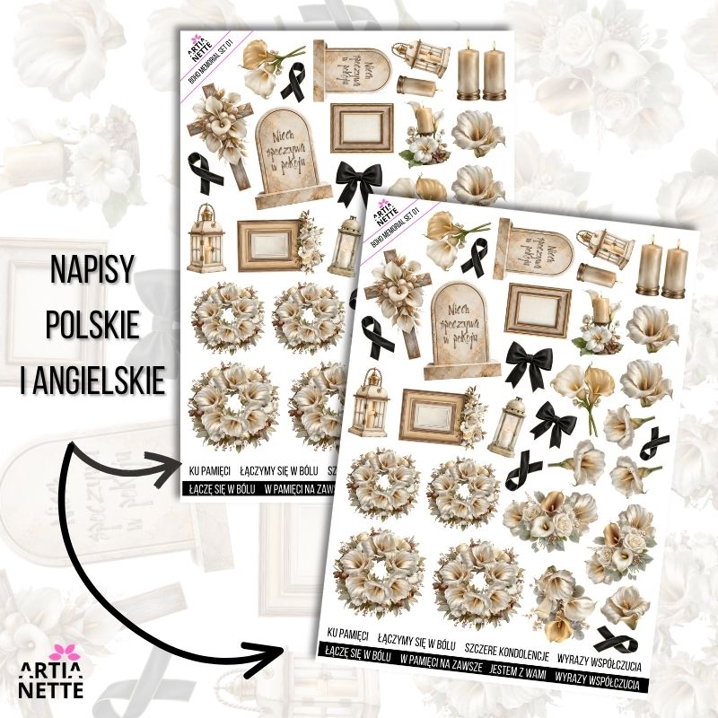 Grafiki memorial boho do scrapbookingu z kwiatami, zniczami, wiankami i ramkami PNG