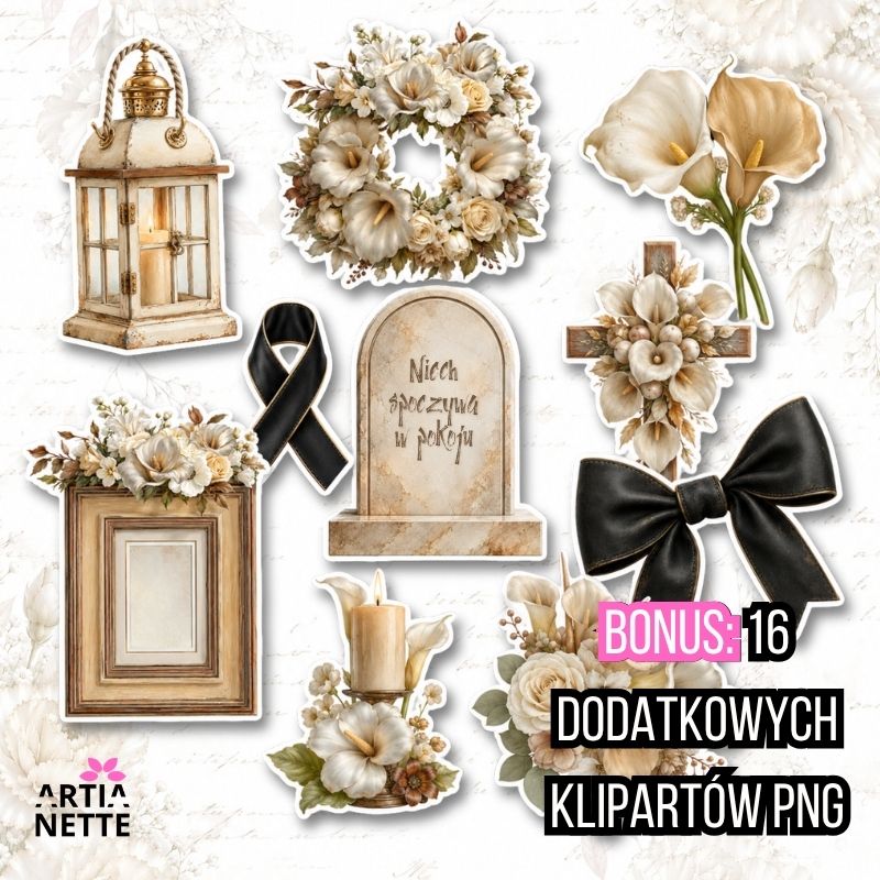 Grafiki memorial boho do scrapbookingu z kwiatami, zniczami, wiankami i ramkami PNG