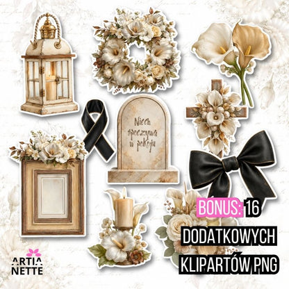 Grafiki memorial boho do scrapbookingu z kwiatami, zniczami, wiankami i ramkami PNG