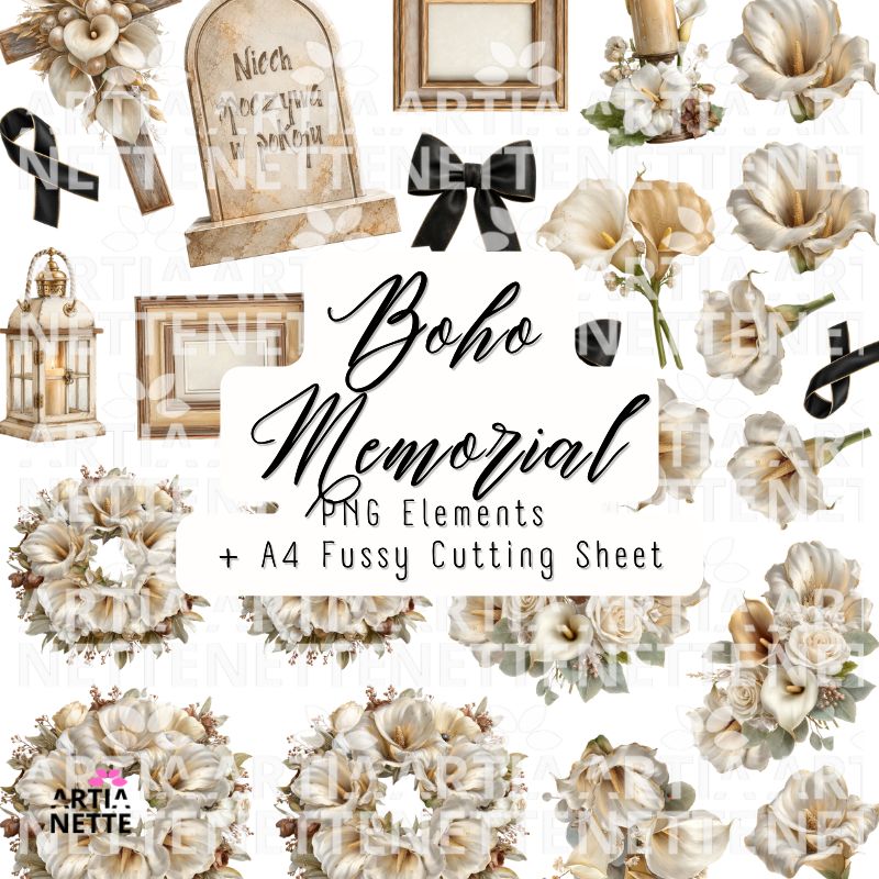 Grafiki memorial boho do scrapbookingu z kwiatami, zniczami, wiankami i ramkami PNG