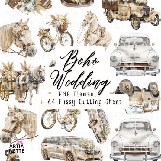 Pojazdy ślubne boho retro auto konie bryczka rower kliparty PNG arkusz A4 do wycinania