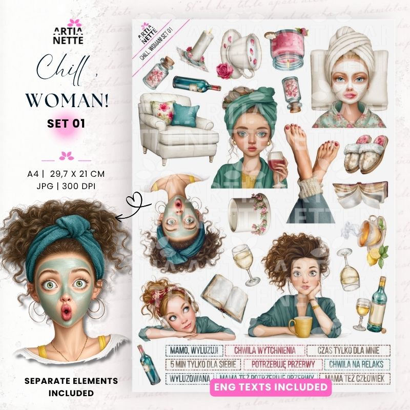 Akwarelowe cliparty kobieta SPA i domowy relaks PNG + arkusz A4 – Chill, Woman! Set 01
