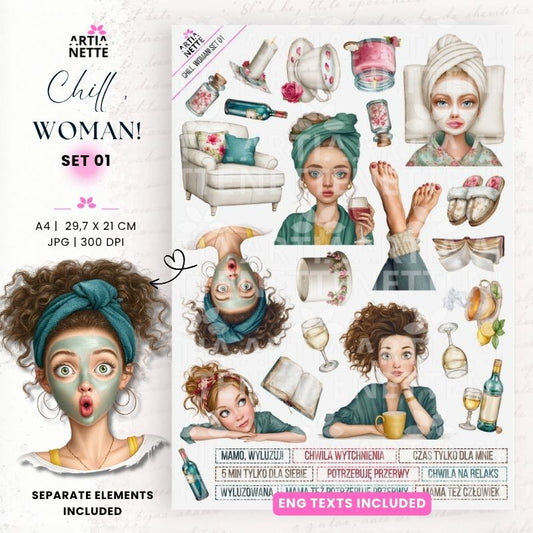 Akwarelowe cliparty kobieta SPA i domowy relaks PNG + arkusz A4 – Chill, Woman! Set 01
