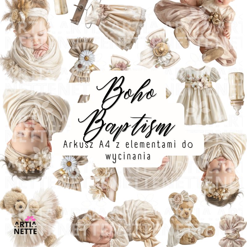 Grafiki dziewczynka na Chrzest Święty do scrapbookingu – Boho Baptism Set 02 arkusz A4 do wycinania