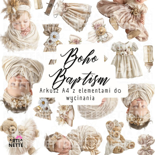 Grafiki dziewczynka na Chrzest Święty do scrapbookingu – Boho Baptism Set 02 arkusz A4 do wycinania