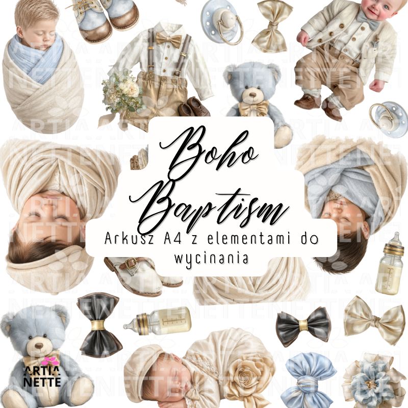 Grafiki chłopiec na Chrzest Święty do scrapbookingu – Boho Baptism Set 03 arkusz A4 do wycinania