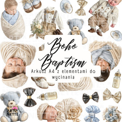 Grafiki chłopiec na Chrzest Święty do scrapbookingu – Boho Baptism Set 03 arkusz A4 do wycinania