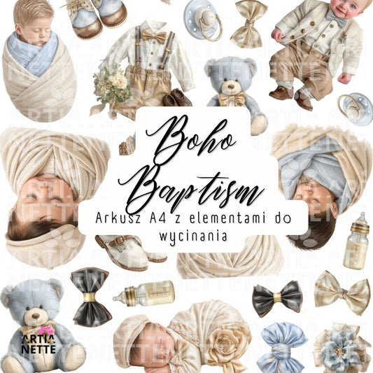 Grafiki chłopiec na Chrzest Święty do scrapbookingu – Boho Baptism Set 03 arkusz A4 do wycinania