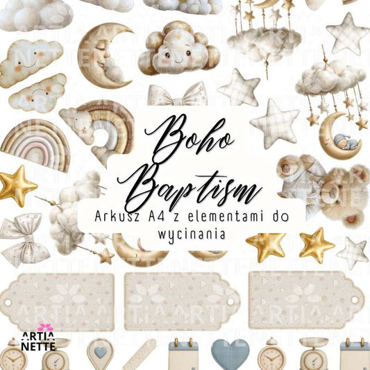 Boho Christening Decorations – doves, candles, and religious accessories | PNG + A4