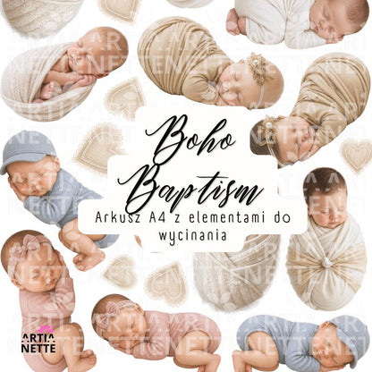 Grafiki niemowlęta na Chrzest Święty do scrapbookingu – Boho Baptism Set 05 z klipartami PNG i arkuszem A4 do wycinania