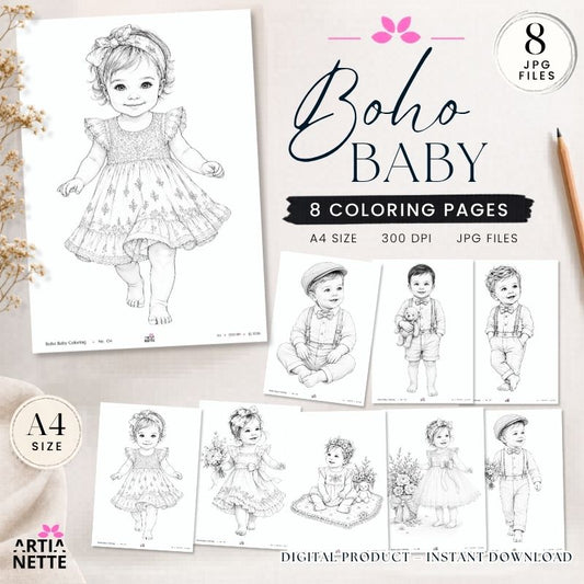 Boho Baby Coloring Pages A4 – 8 kolorowanek JPG do druku