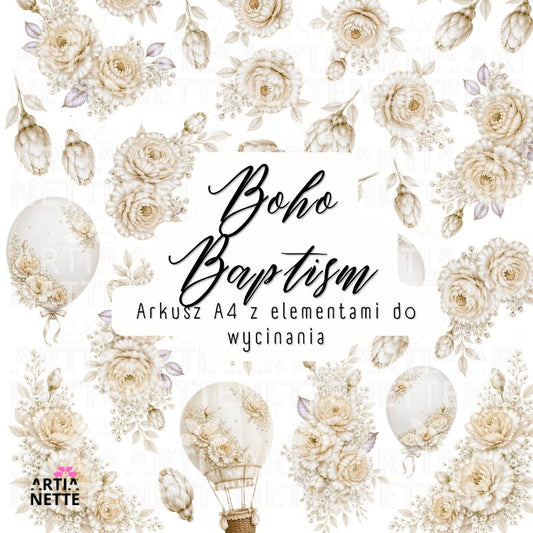Boho Christening Decorations – doves, candles, and religious accessories | PNG + A4