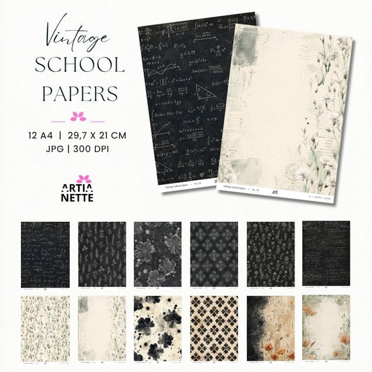 Papiery szkolne vintage do scrapbookingu – Vintage School Papers | 12 papierów cyfrowych JPG A4