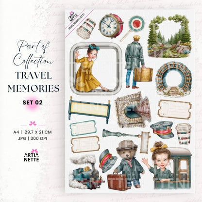 Podróże pociągiem do scrapbookingu – Travel Memories Set 02 | 16 klipartów PNG i arkusz A4