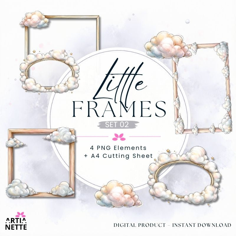 Ramki z chmurkami dla dzieci PNG – Little Frames Set 02 | 4 ramki PNG i arkusz A4