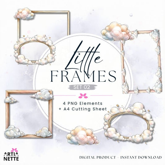 Ramki z chmurkami dla dzieci PNG – Little Frames Set 02 | 4 ramki PNG i arkusz A4