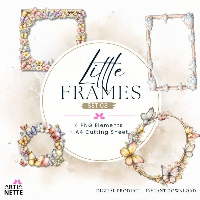 Pastelowe ramki kwiatowe i motyle PNG – Little Frames Set 03 | 4 ramki PNG i arkusz A4