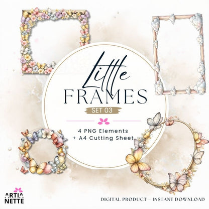 Pastelowe ramki kwiatowe i motyle PNG – Little Frames Set 03 | 4 ramki PNG i arkusz A4