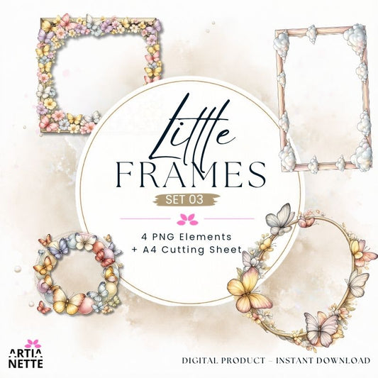 Pastelowe ramki kwiatowe i motyle PNG – Little Frames Set 03 | 4 ramki PNG i arkusz A4