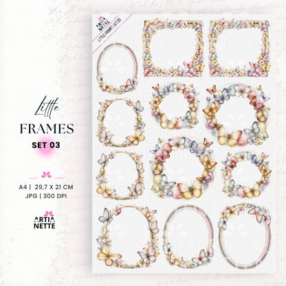 Pastelowe ramki kwiatowe i motyle PNG – Little Frames Set 03 | 4 ramki PNG i arkusz A4