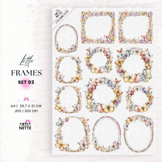 Pastelowe ramki kwiatowe i motyle PNG – Little Frames Set 03 | 4 ramki PNG i arkusz A4