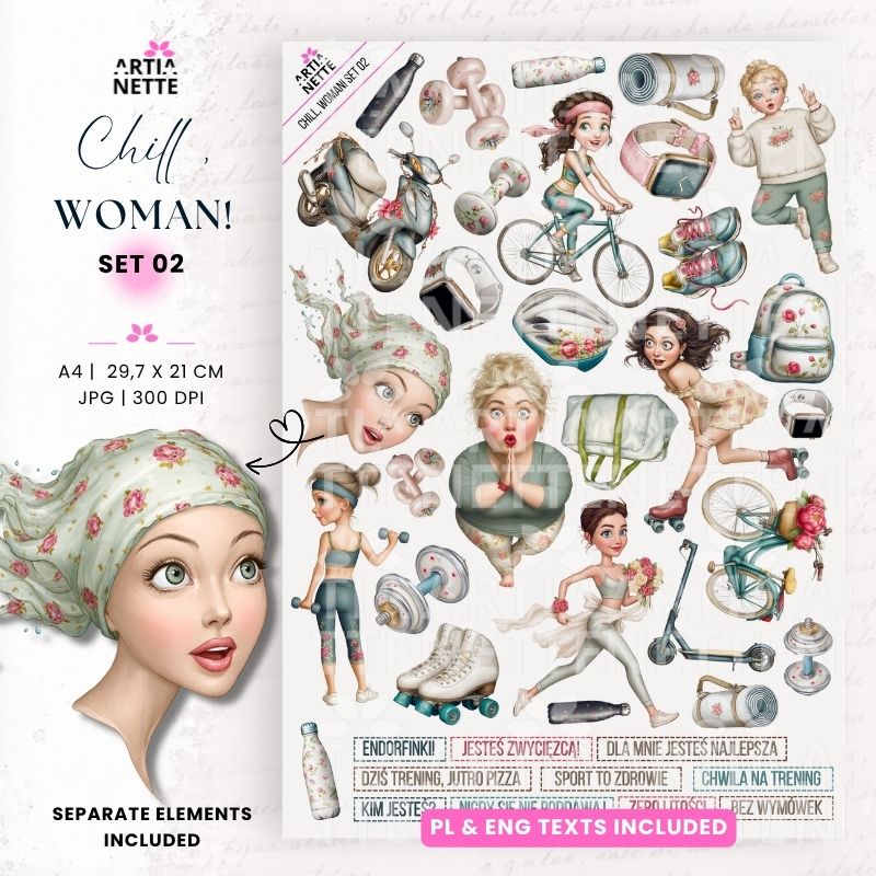 Chill Woman! Set 02 – kobiety, sport, rowery, rolki, hulajnogi i akcesoria w akwarelowym stylu