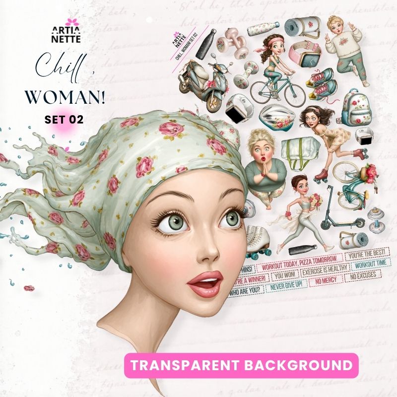 Chill Woman SET 02 – kobiece elementy PNG na przezroczystym tle, oddzielne pliki graficzne do projektów kreatywnych, sport, fitness, rowery, rolki i lifestyle