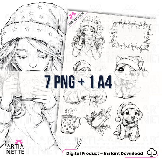 Clipartów PNG + 1 A4 "Christmas B&W Set 01". Grafiki liniowe do kolorowania: dziewczyna z kubkiem, Mikołaj, szczeniak, kotek i ramka ze światełek. Zestaw Black & White. stemple do kolorowania, digi stemple