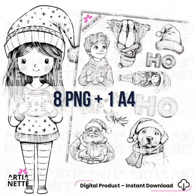 Christmas B&W Set 02. Grafiki liniowe (konturowe) do kolorowania: Mikołaj, dziewczynka w czapce, szczeniak i świąteczne akcesoria. Zestaw Black & White.